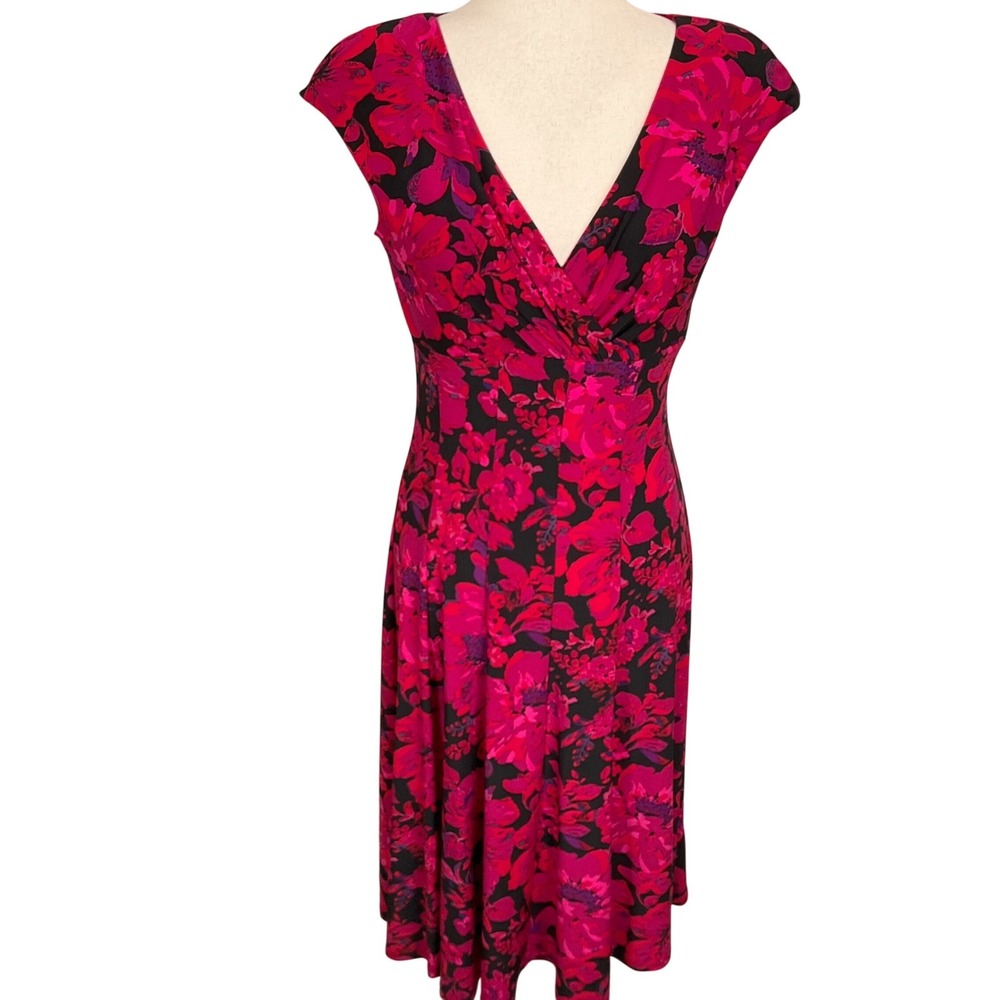 Lauren Ralph Lauren Dress Women 6 Pink Black Fit Flare Surplice Vivid Summer